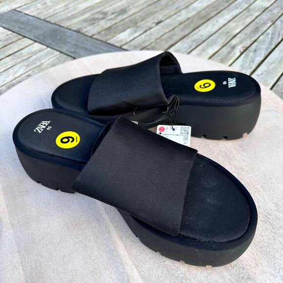 Zara Womens Sandals Size 9 Platform Slides Black Neoprene Block Heel New - Picture 7 of 12
